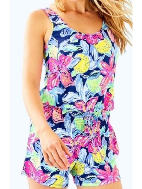 Lilly Pulitzer Pants - Lilly Pulitzer Tala Romper Nauti Navy Capri Soleil Blue PInk Small NWT Tropical